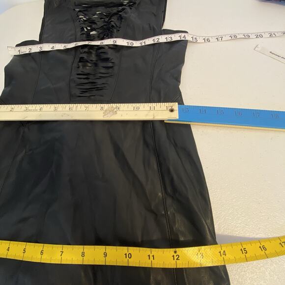 Y2K Black Faux Leather Maxi Dress Sleeves Whimsigoth Witch Cut Out Fringe XS - Picture 4 of 11